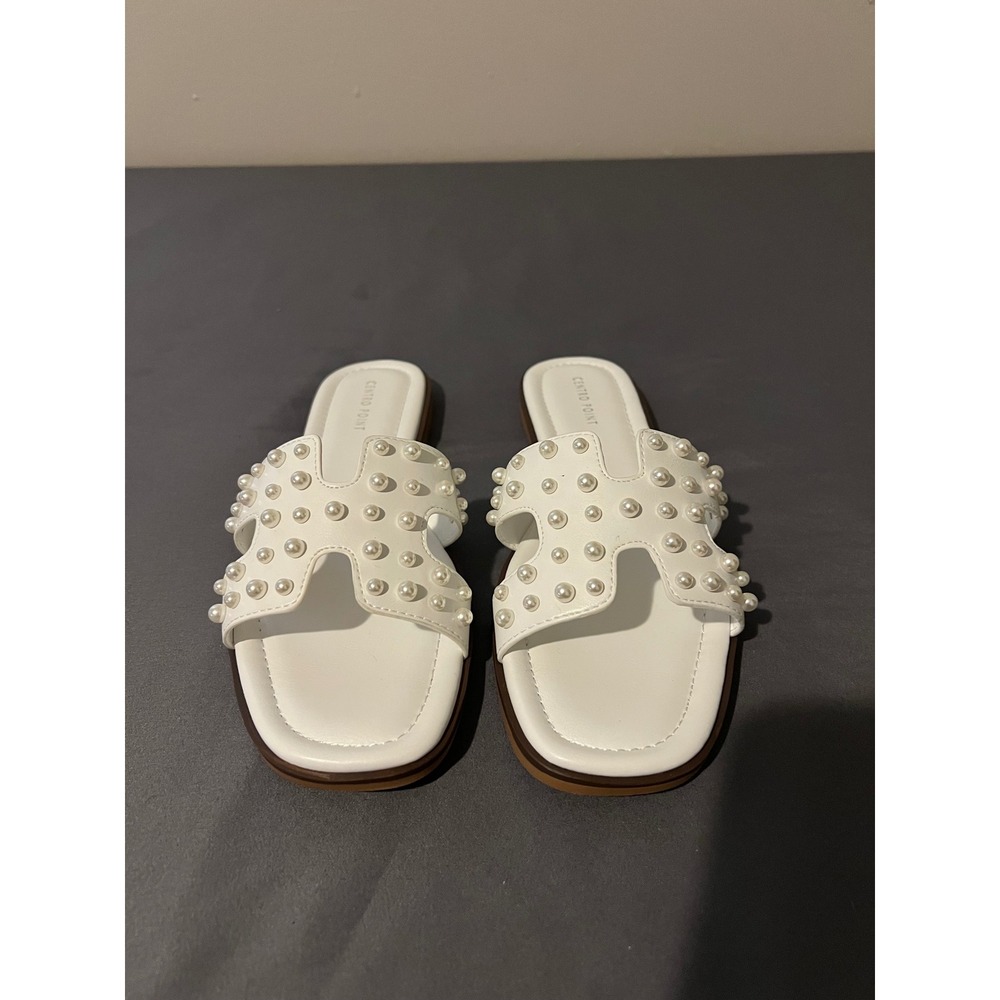 Centro Point Womens Pearl Flat Sandals White H-Strap Slide